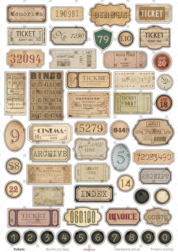 BeeArty A4 cut-apart sheet - tickets