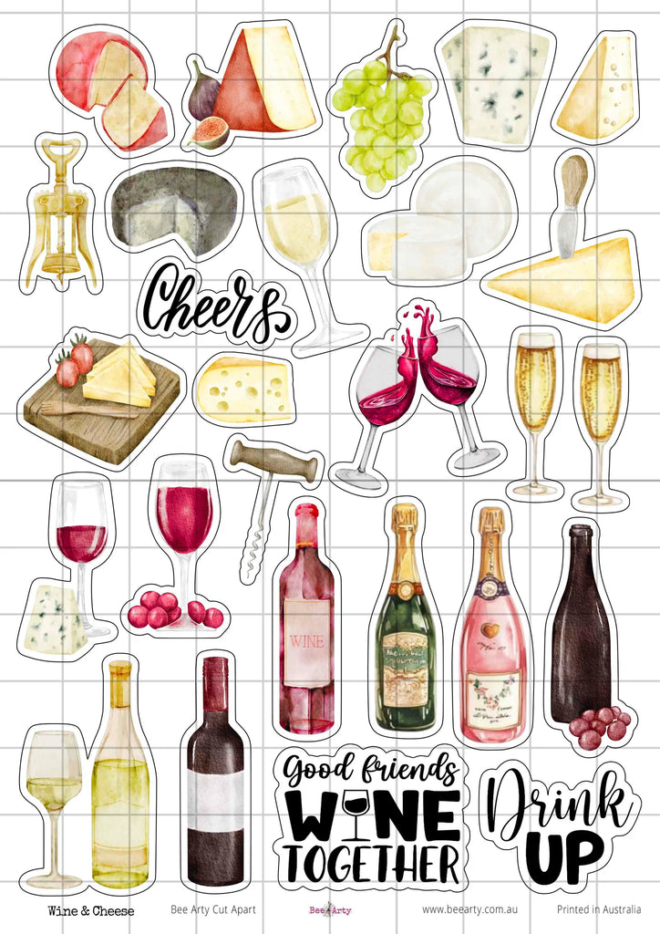 BeeArty A4 cut-apart sheet - wine and cheese