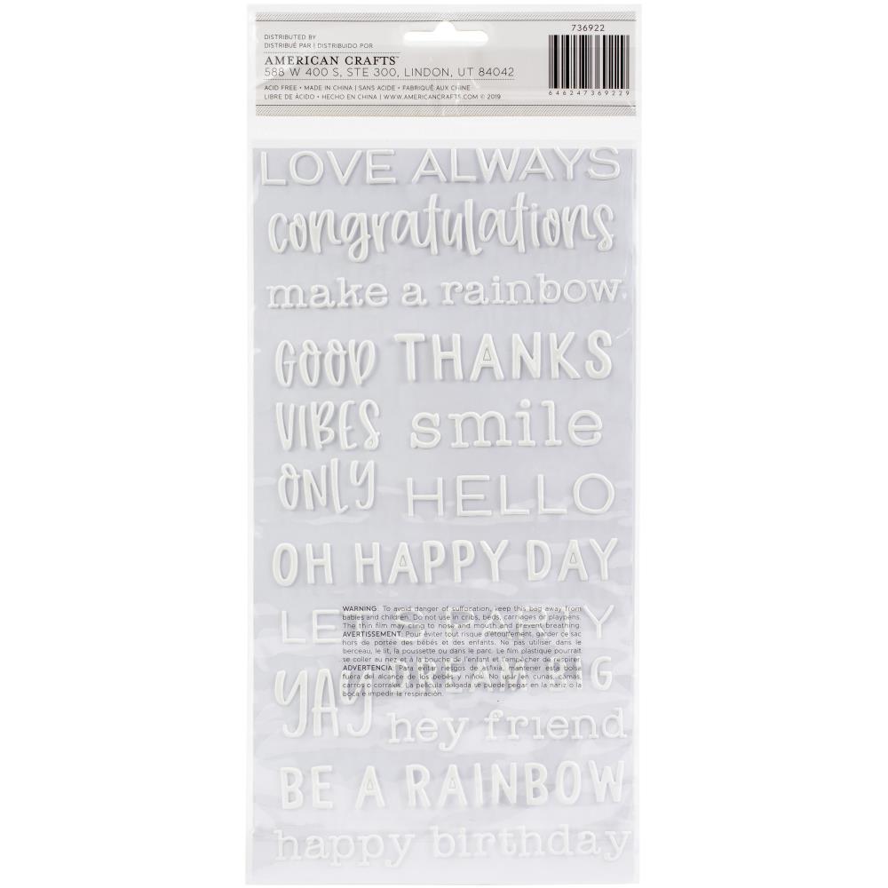 Pebbles 'Live Life Happy' white puffy phrase stickers